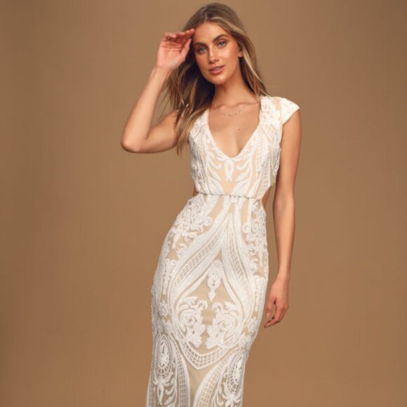 Lulus Always Adored White And Nude Sequin Mermaid Maxi Dress - Size L - Picture 1 of 6